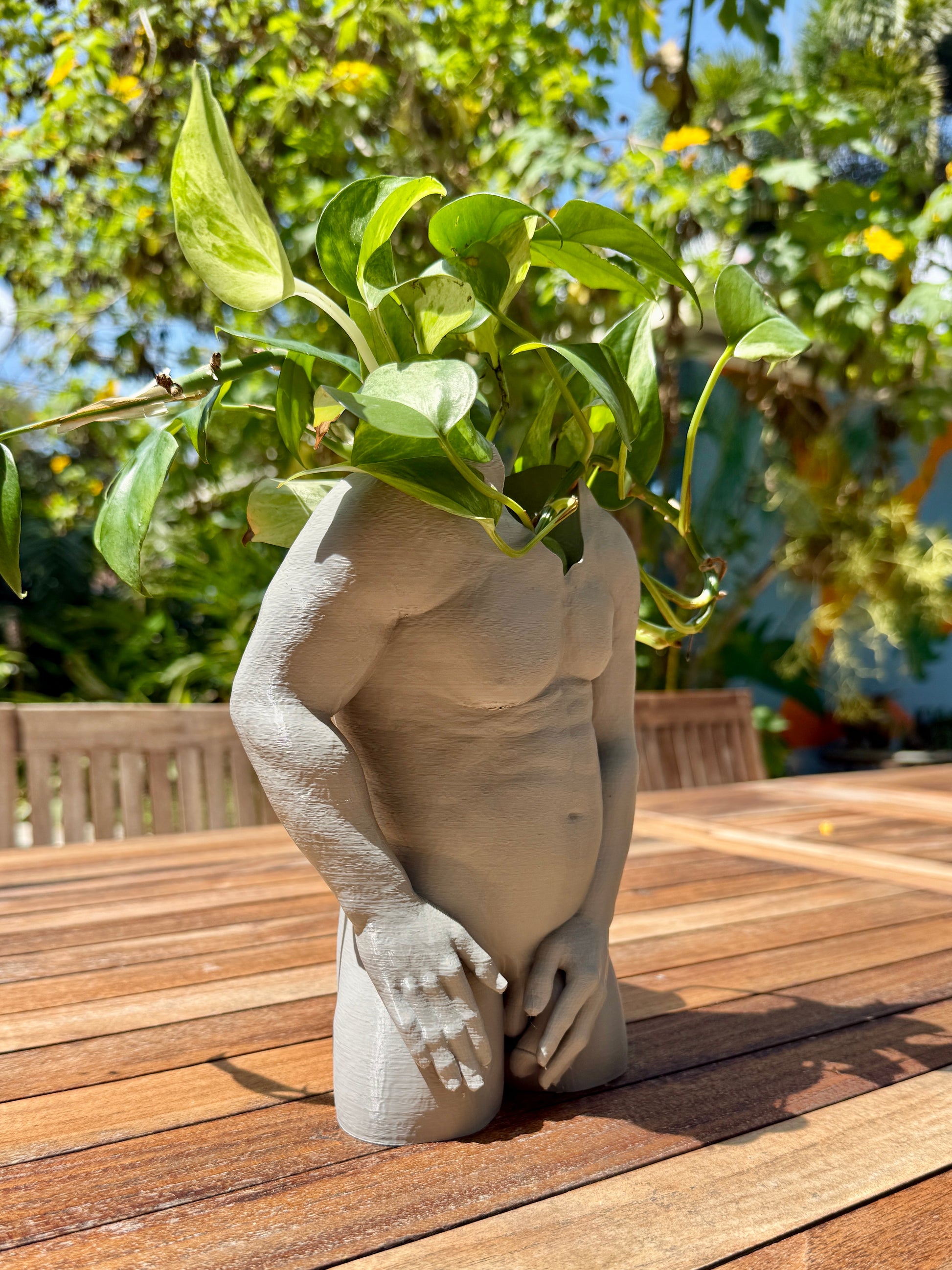 The Father Figure dad bod torso planter, back view